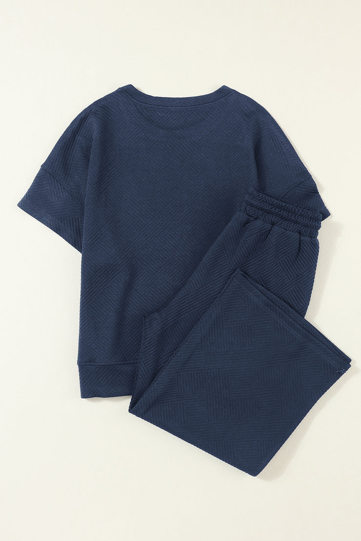 Navy Blue Textured Loose Fit T Shirt and Drawstring Pants Set