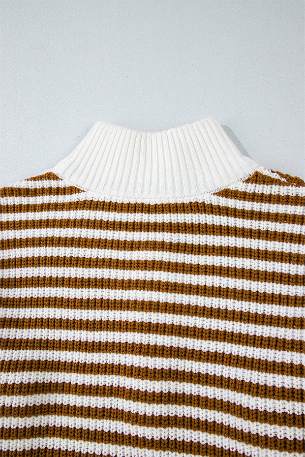 Khaki Stripe Zip up Collar Drop Shoulder Sweater