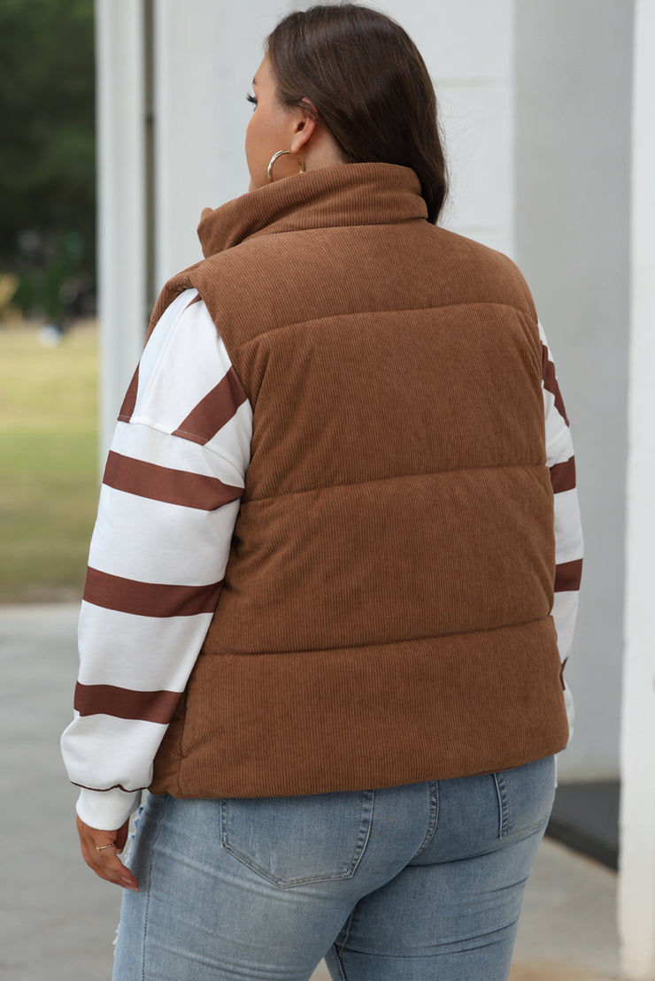 Coffee Corduroy Stand Neck Zipped Puffer Vest