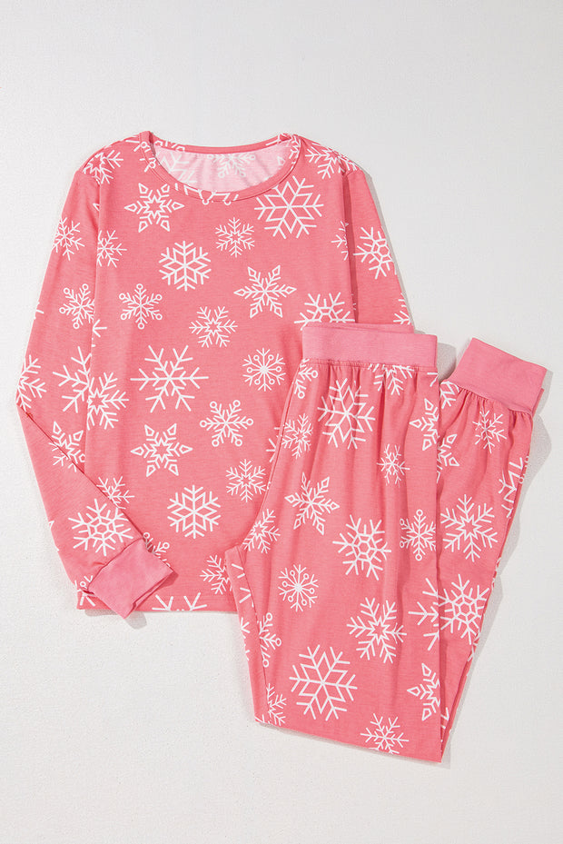 Pink Christmas Snowflake Print Two Piece Loungewear