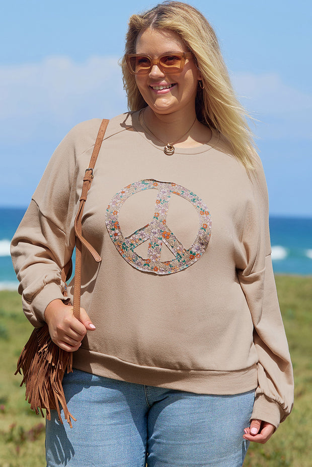 Pale Khaki Floral Peace Sign Graphic Washed Terry Plus Size Sweatshirt