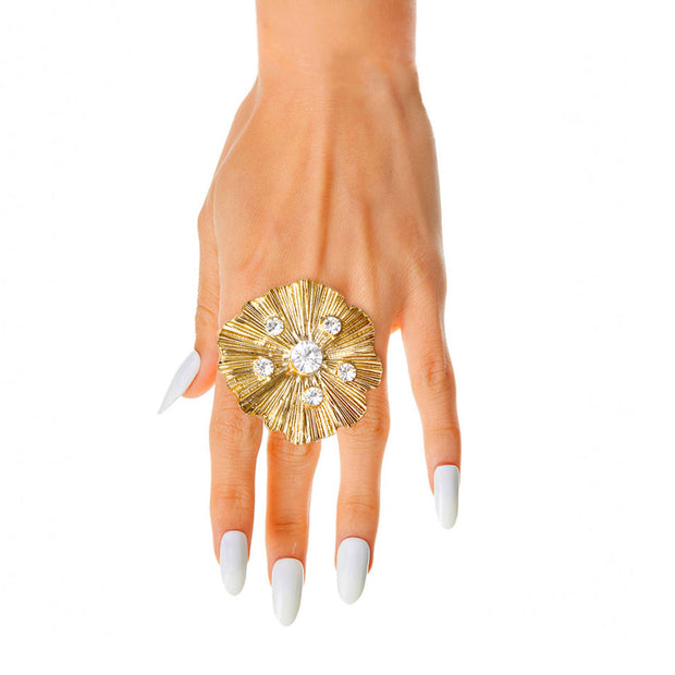 Gold Pleated Wavy Stone Ring