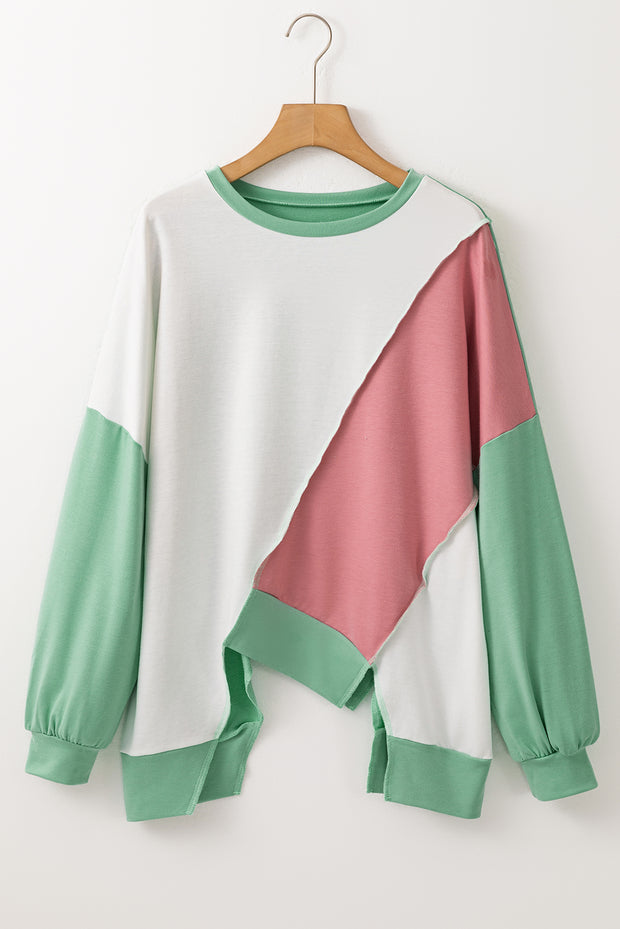 Colorblock Stitching Irregular Hem Long Sleeve Top