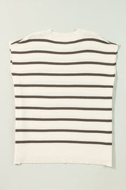 Brown Stripe Side Slits Crewneck Short Sleeve Sweater Tee