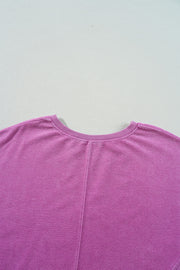 Bright Pink Solid Color Notched Neck Drop Shoulder Sweatshirt