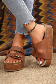 Chestnut Dual Buckle Studded Vintage Platform Slides Shoes