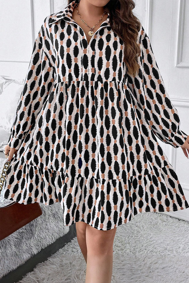 Apricot Geometric Print Collared V Neck Plus Size Mini Dress