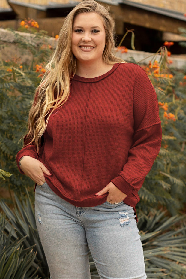 Gold Flame Exposed Seam Detail Waffle Knit Plus Size Top