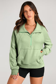 Smoke Green Quarter Zip Stand Neck Kangaroo Pocket Sweatshirt