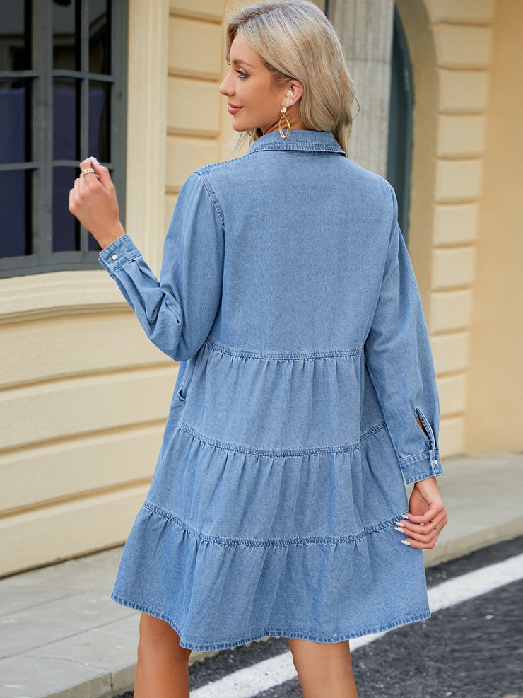 Tiered Button Up Long Sleeve Denim Dress