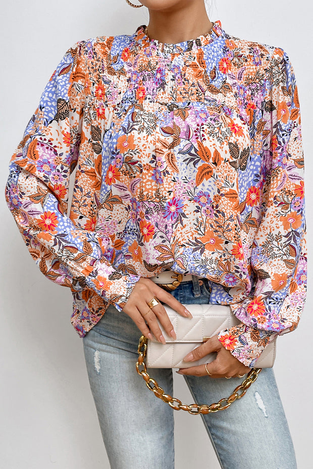 Multicolour Floral Bishop Sleeve Frilled Round Neck Blouse