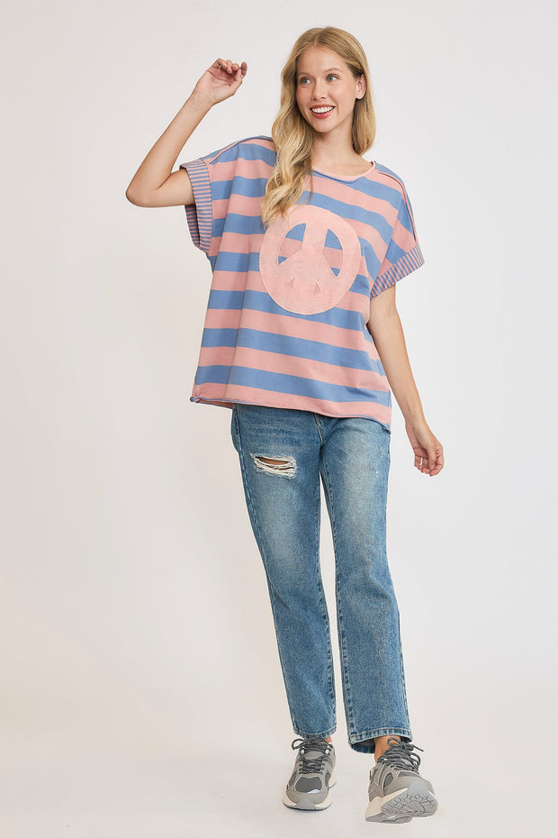 Umgee Peace Sign Patch Striped French Terry T-Shirt