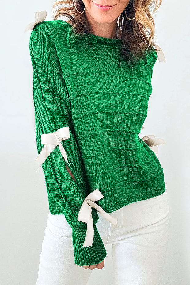 Bright Green Bow Knot Cut Out Round Neck Loose Sweater