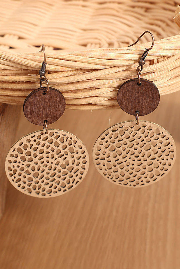 Khaki Hollow Out Wooden Round Drop Earrings