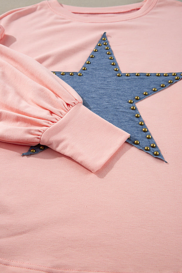 Gossamer Pink Studded Star Graphic Oversized Long Sleeve Top