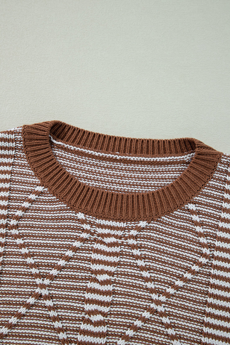 Brown Stripe Geometric Textured Drop Shoulder Sweater