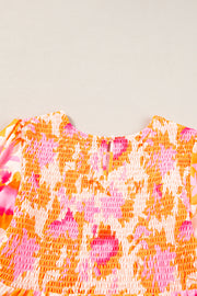 Orange Abstract Print Smocked Lantern Sleeve Ruffle Mini Dress