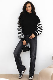 Black Striped Plaid Patchwork Waffle Knit Turtleneck Sweater