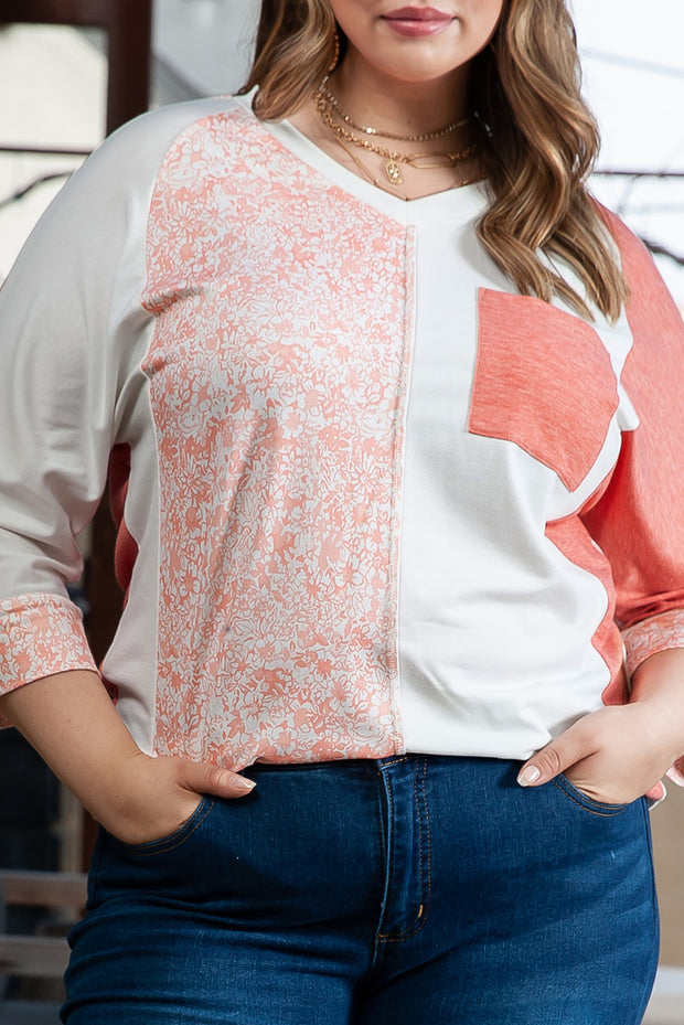 Pink Colorblock Drop Shoulder Bracelet Sleeve Plus Size Top