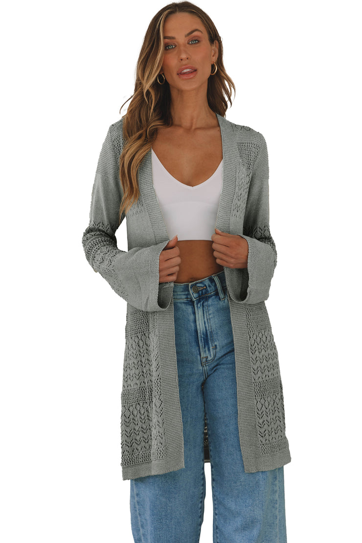 Gray Pointelle Knit Open Front Cardigan