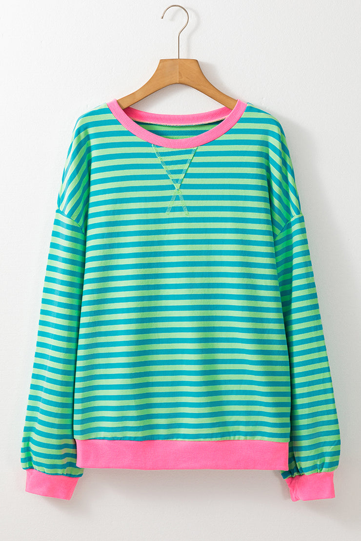 Sky Blue Stripe Oversized Contrast Trim Pullover Sweatshirt