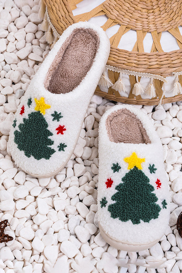 White Fuzzy Christmas Tree Pattern Home Slippers