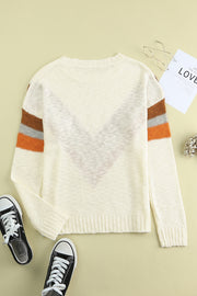 Beige Chevron Striped Drop Shoulder Sweater