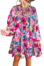 Multicolour Floral Tie Neck Bubble Sleeve Shift Dress