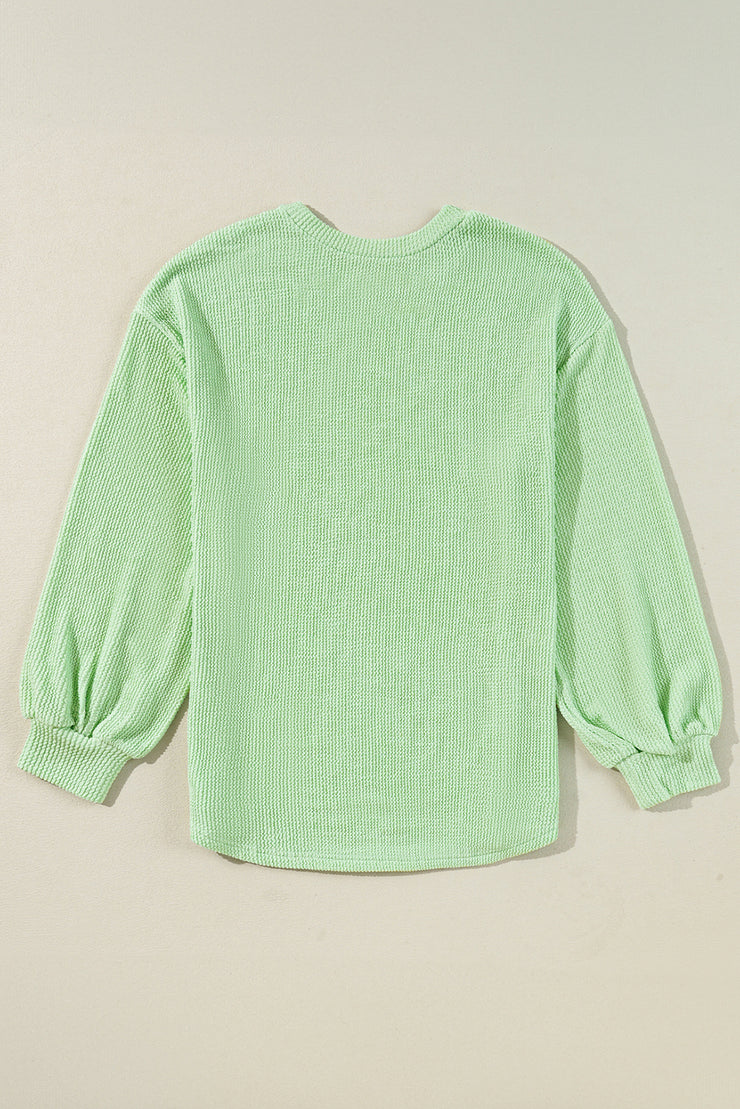 Moonlight Jade Solid Cord Ribbed Drop Shoulder Pullover Top