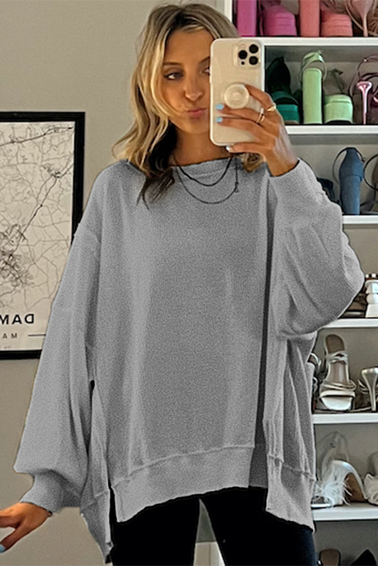 Gray Waffle knit Bishop Sleeve Split Oversized Top