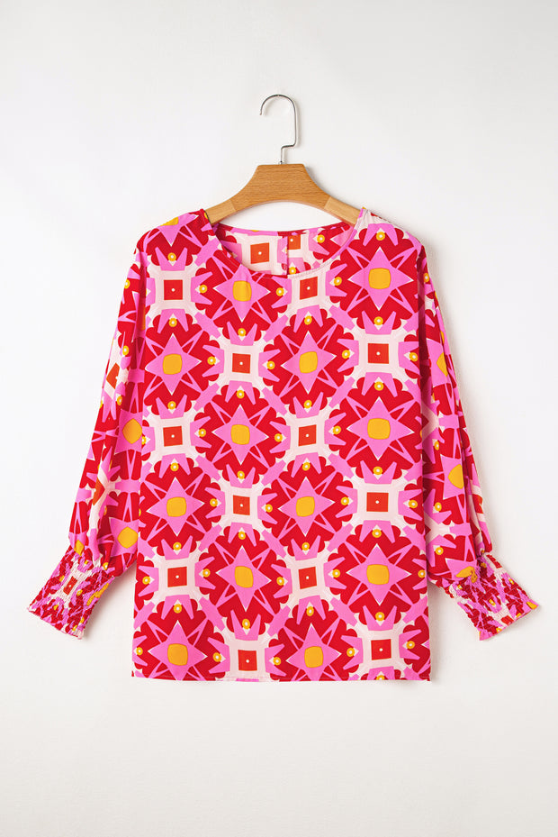 Strawberry Pink Geometric Print Shirred Cuff 3/4 Sleeve Loose Blouse