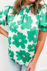 Green Floral Puff Sleeve Frill Neckline Blouse