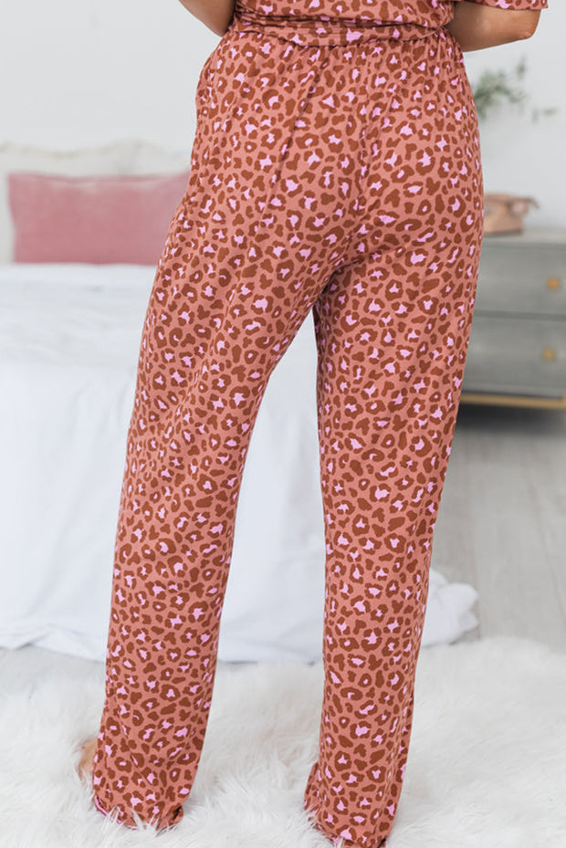 Brown Leopard Print Short Sleeve Shirt and Pants Pajamas Set