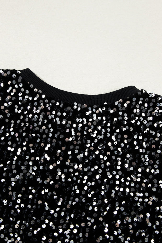 Black Sequined Long Sleeve Crew Neck Cropped Blouse