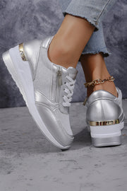 Gold PU Leather Patchwork Zipper Lace-up Sneakers