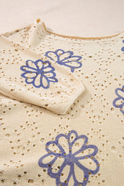 Beige Contrast Flower Print Eyelet Drop Shoulder Sweater