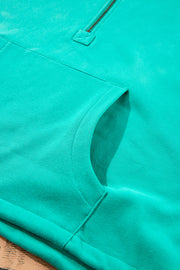 Aruba Blue Fleece Lined Half Zipper Kangaroo Pockets Loose Hoodie