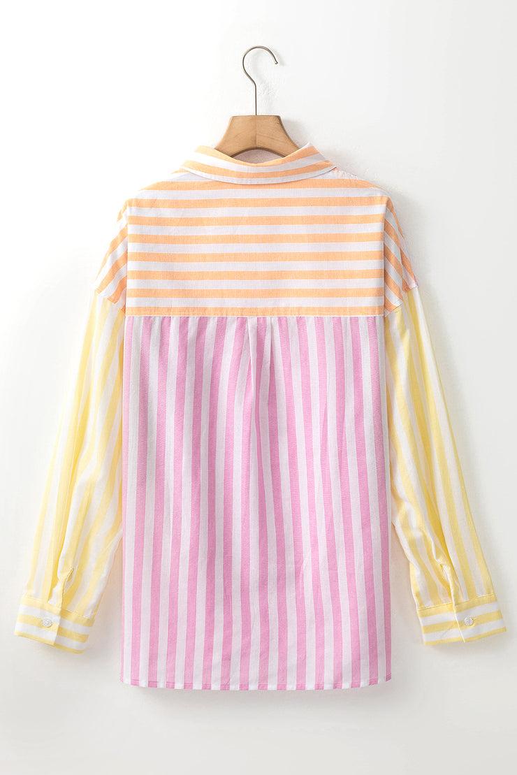 Pink Stripe Contrast Collar Long Sleeve Patchwork Shirt