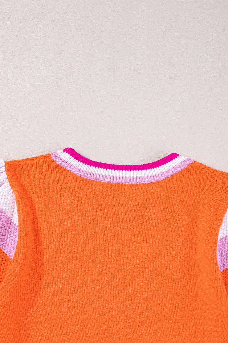 Carrot Contrast Flutter Sleeves Knitted Sweater T Shirt