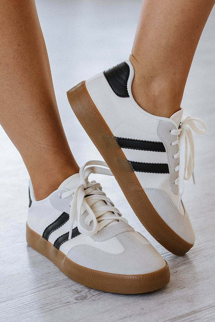 White Striped Lace Up Flat Sneakers