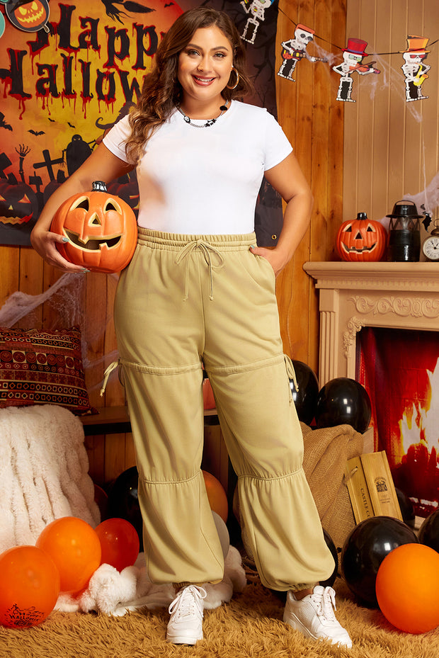 Beige Drawstring Adjusted Band High Waist Plus Size Pants