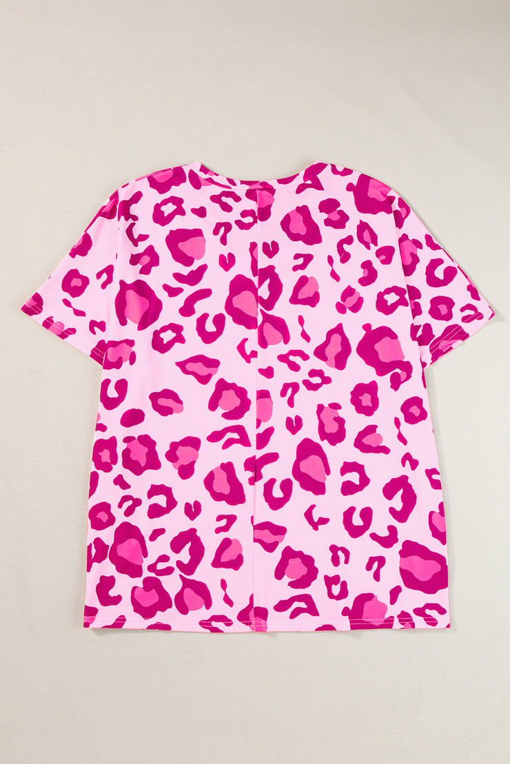 Rose Leopard Print V Neck Plus Size Tee