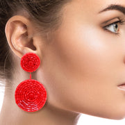 Coral Embroidered Bead Earrings