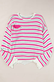 Rose Stripe Oversized Drop Shoulder Sweater with Pocket