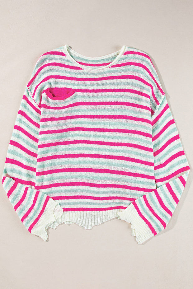 Rose Stripe Oversized Drop Shoulder Sweater with Pocket