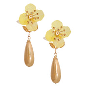 Yellow Flower Gold Teardrop Earrings