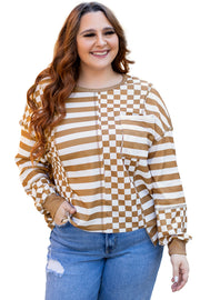 Khaki Striped Checkered Mixed Print Chest Pocket Casual Plus Size Top