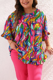 Rose Abstract Print Plus Size Frilly Trim Blouse