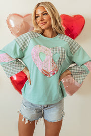 Clearly Aqua Plaid Floral Peace Heart Graphic Wide Long Sleeve Top