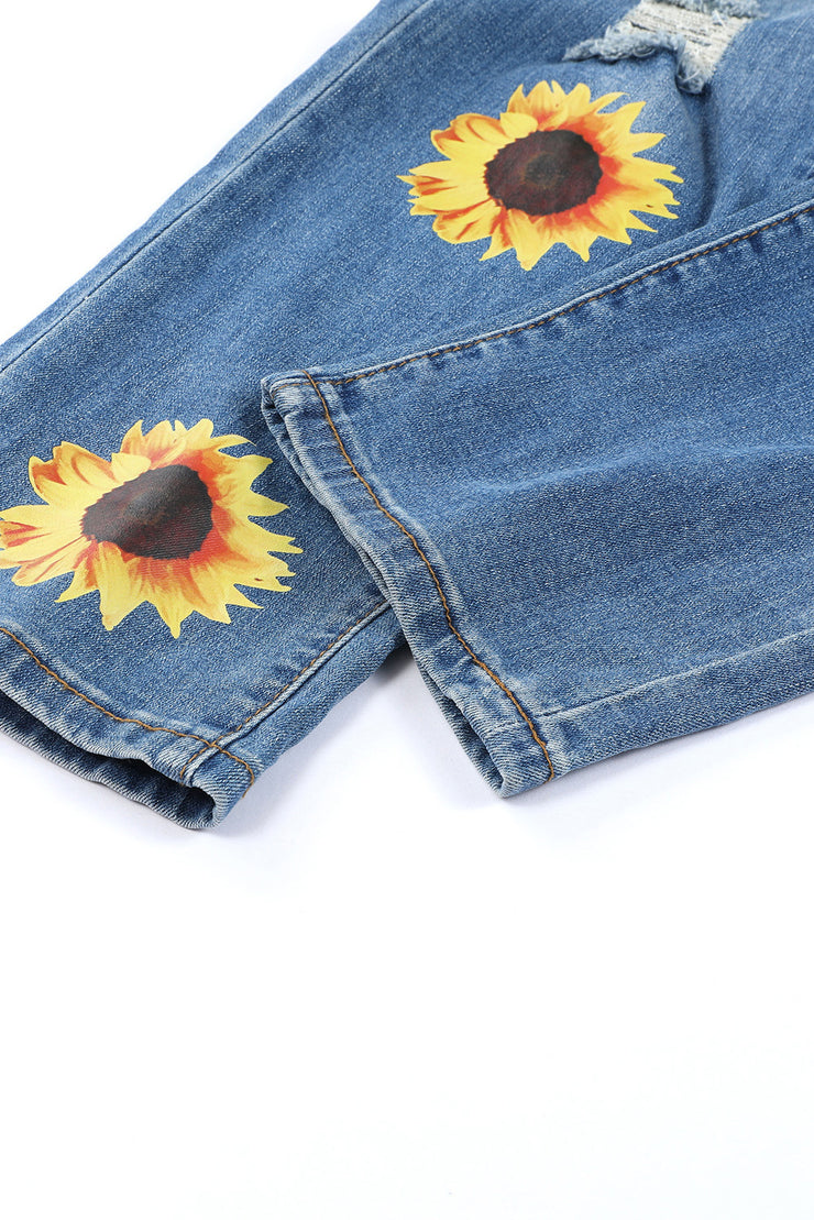 Blue Sunflower Print Ripped Mid Rise Straight Leg Graphic Jeans